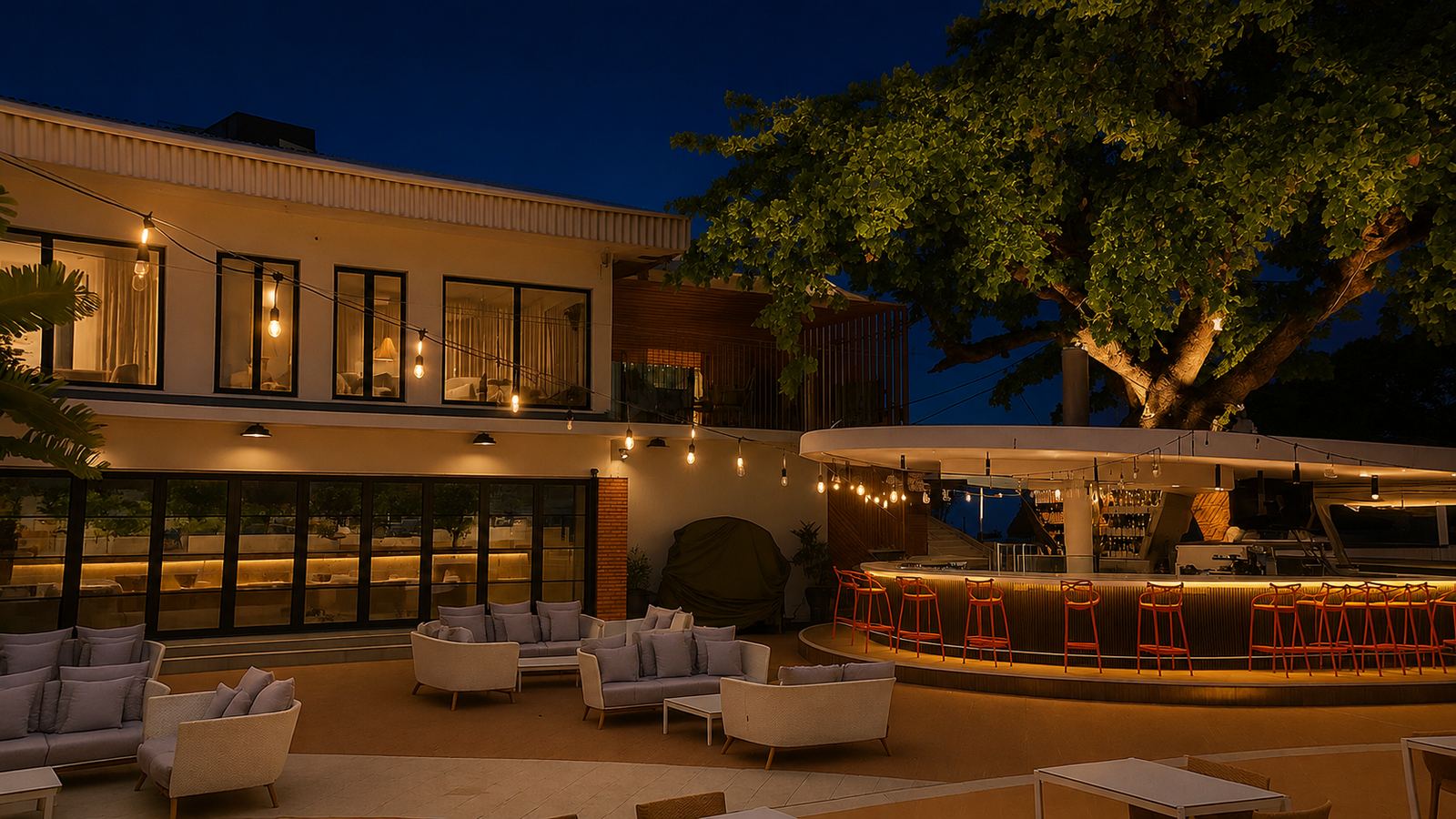 Club 53 on the Ikoyi waterfront, terrace and bar at night